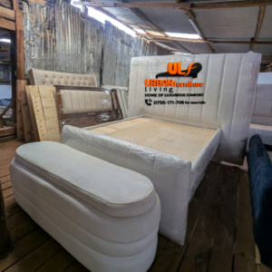 Modern bed + padded headboard + matching bench
